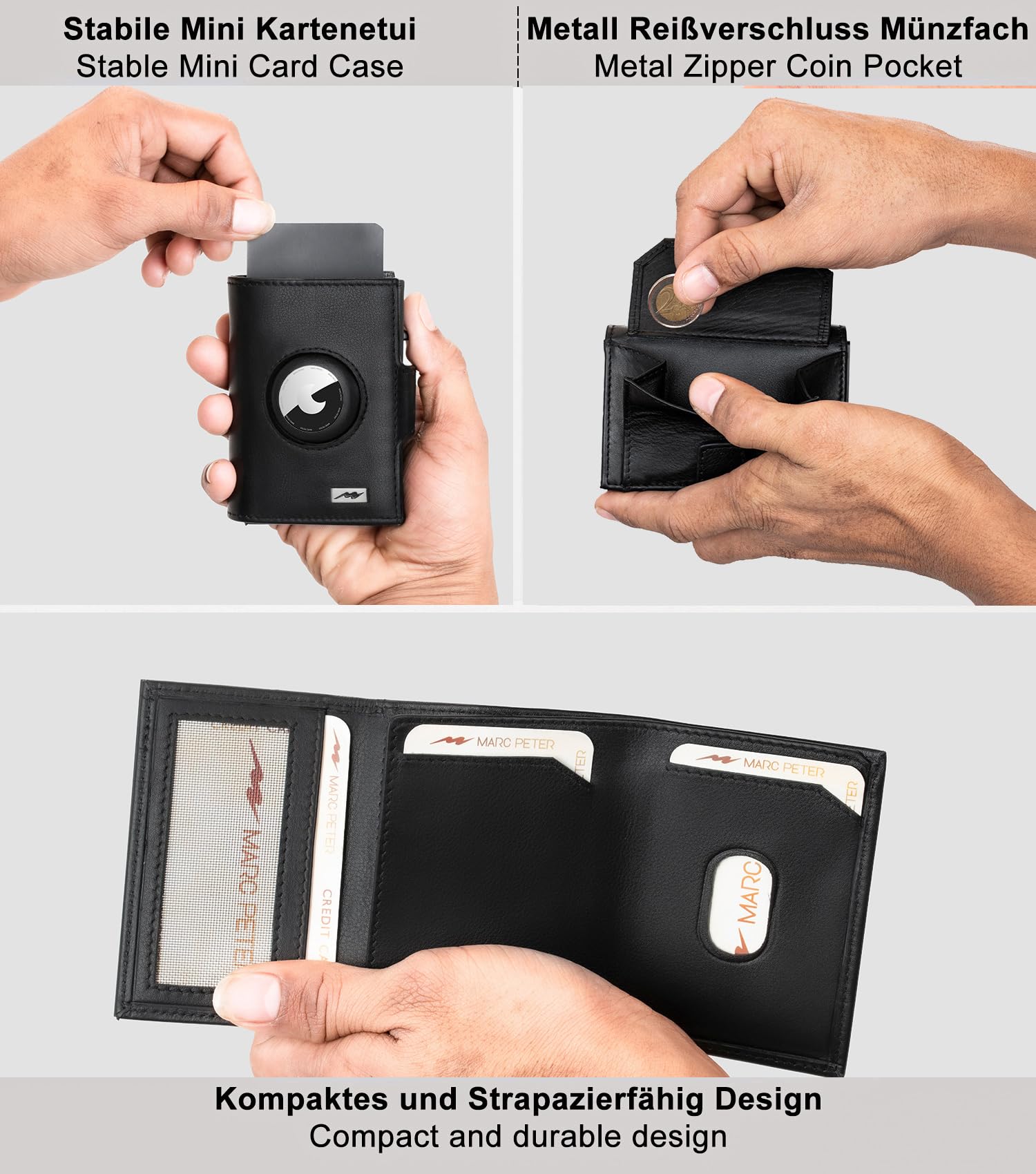 Marc Peter® Chicago Leder Push Air Slim Wallet - Airtag Geldbörse mit Münzfach - RFID Schutz kleines Mini Portmonee Leder Schwarz XL MÜNZFACH