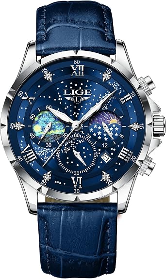 LIGE Mens Watches Wrist Watch for Men Waterproof Analogue Gents Chronograph Vintage Analog Casual Leather Lunar Phase Display Quartz Men's Wristwatch with Date & Luminou, Silver Blue