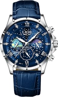Uhr Herren Edelstahl Wasserdicht Analog Mondphase Quarz Herrenuhr Chronograph Lederarmband Watches for Men Mit Datum Leuchtende Herrenarmbanduhren Business Retro Männer Uhren