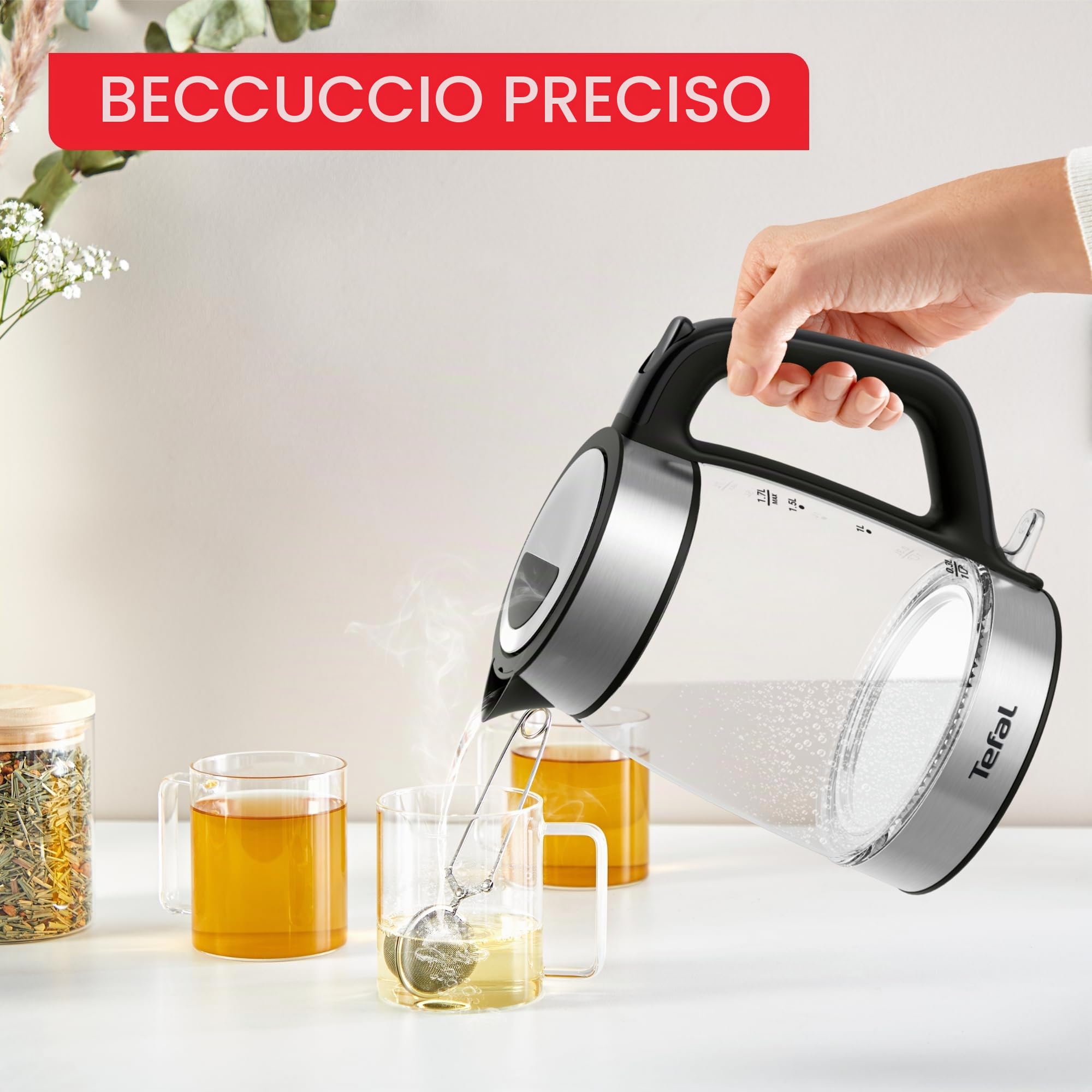Tefal Ki6058 - Bollitore elettrico in vetro, 1,7 litri, facile da pulire, colore: nero