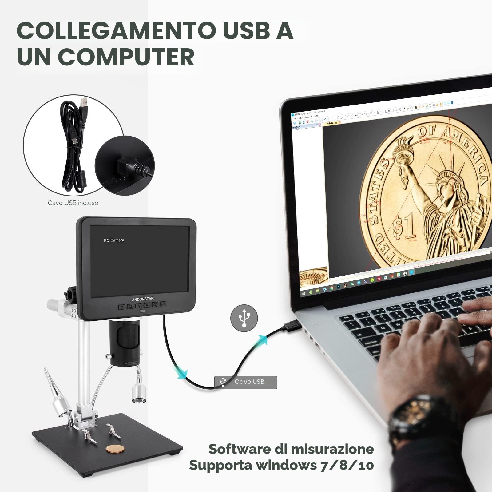 Andonstar AD246S Microscopio Digitale HDMI 2000x per Adulti - Registrazione Video UHD 2160P, 3 Lenti, LCD 7 Pollici per Saldatura, Moneta e Kit Biologico