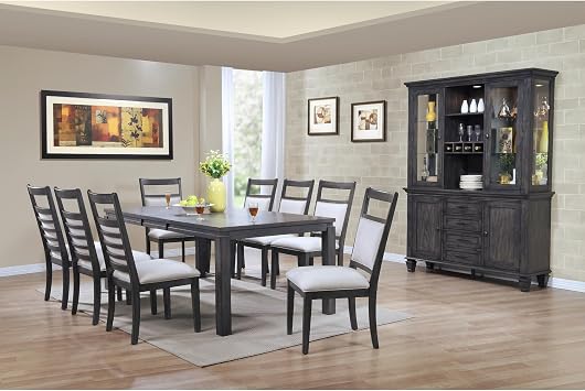 HomeStock Extendable Dining Set Seats 8 - Rectangular Table, China Cabinet, Upholstered Chairs