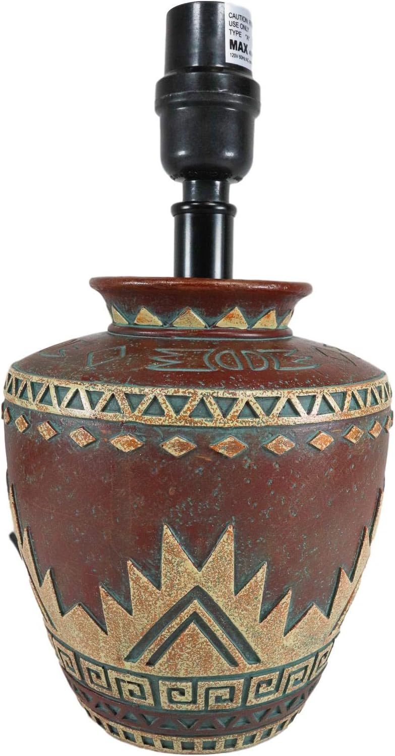 Ebros Red Southwest Tribal Greco Navajo Vector Geometric Design Petite Vase Shaped Desktop Side Table Lamp with Burlap Shade 15" Tall Native Indian Country Western Bedside Home Accent Lighting Decor