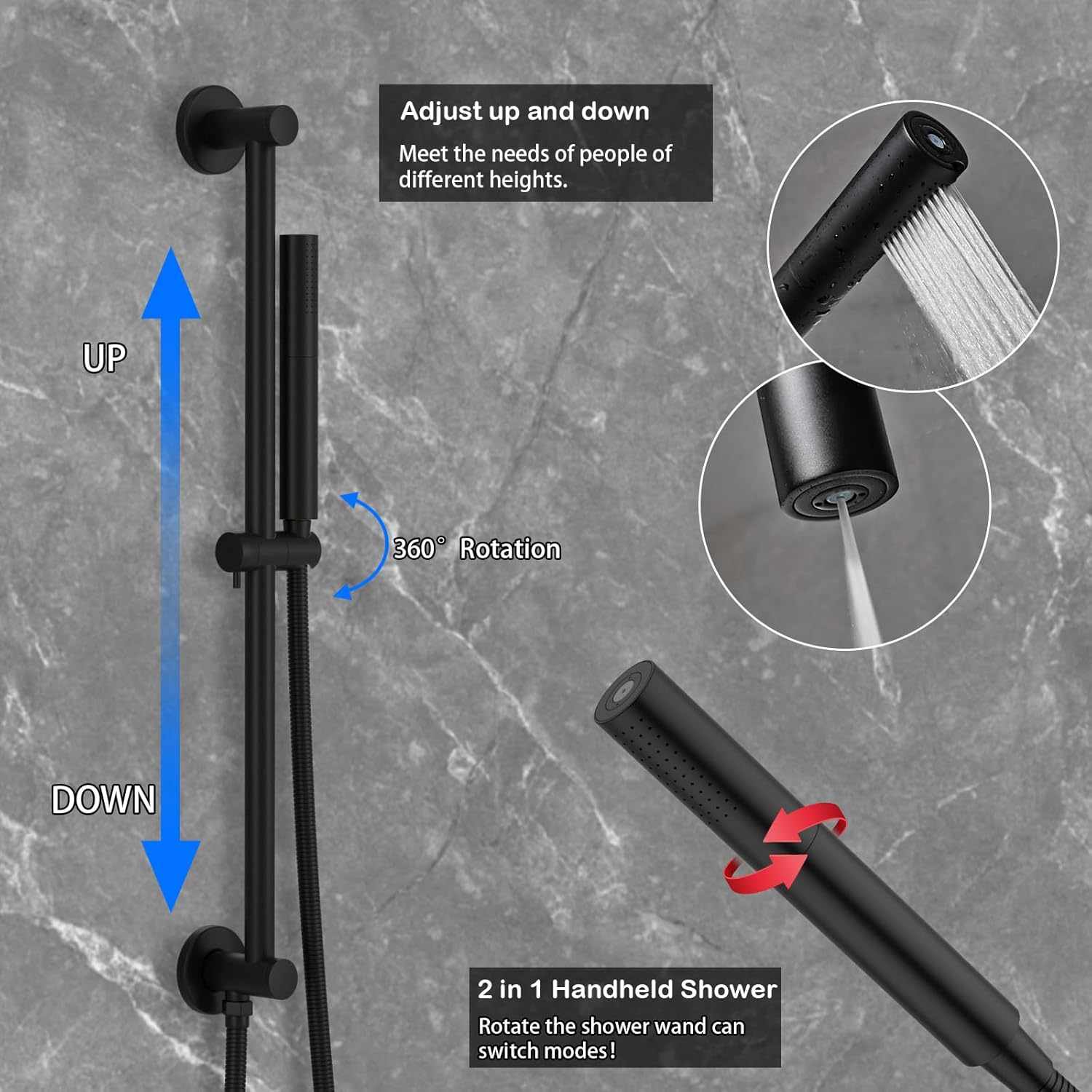 Shower Faucet Set Matte Black Shower System Temperature Display Diverter Shower Valve and 2 in 1 Handheld with Slide Bar, 12 Inch Ceiling Shower Head with 8 Inch Wall Mount Shower Head