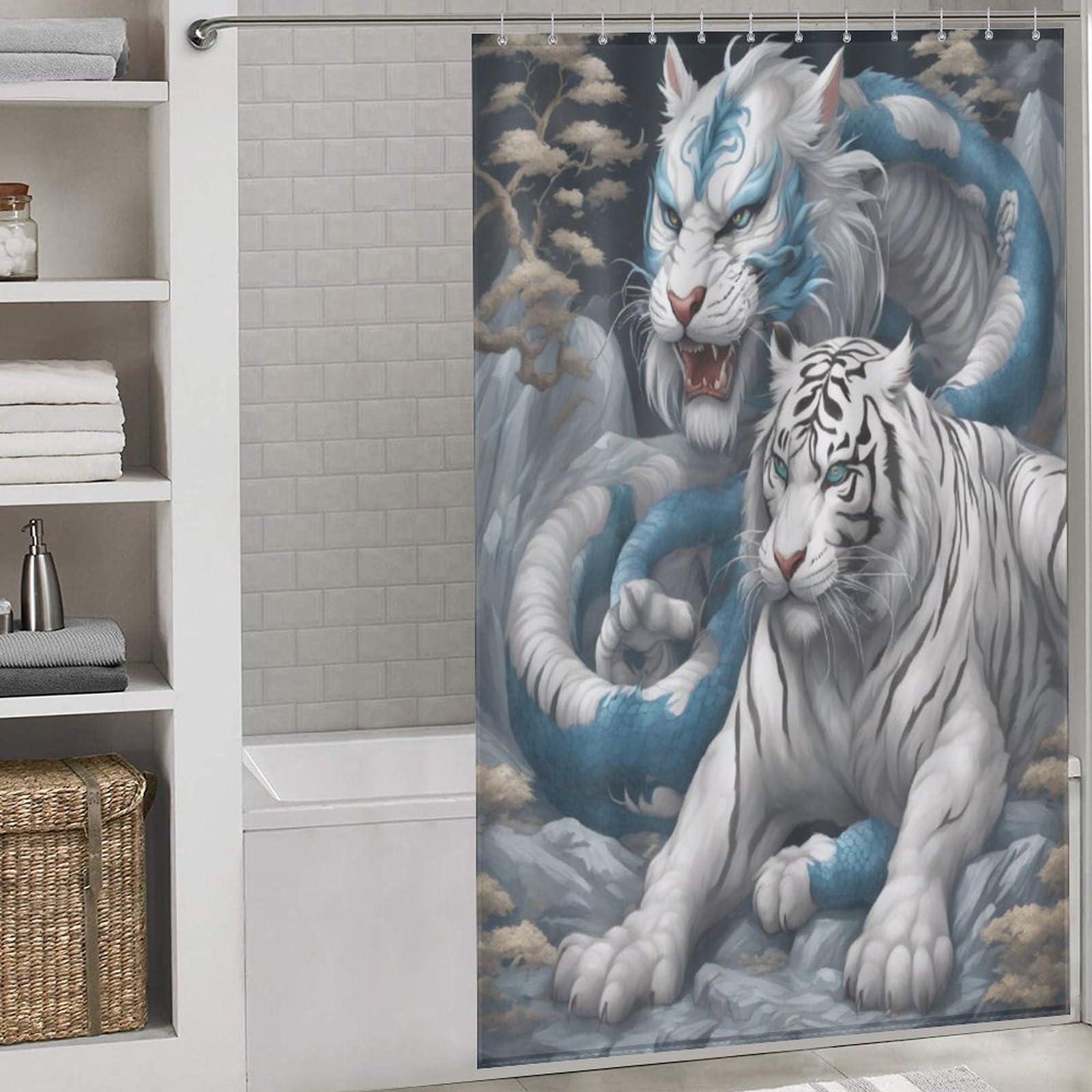 Rideau de douche polyester anti-moisissure tigre 140x183 avec 12 anneaux