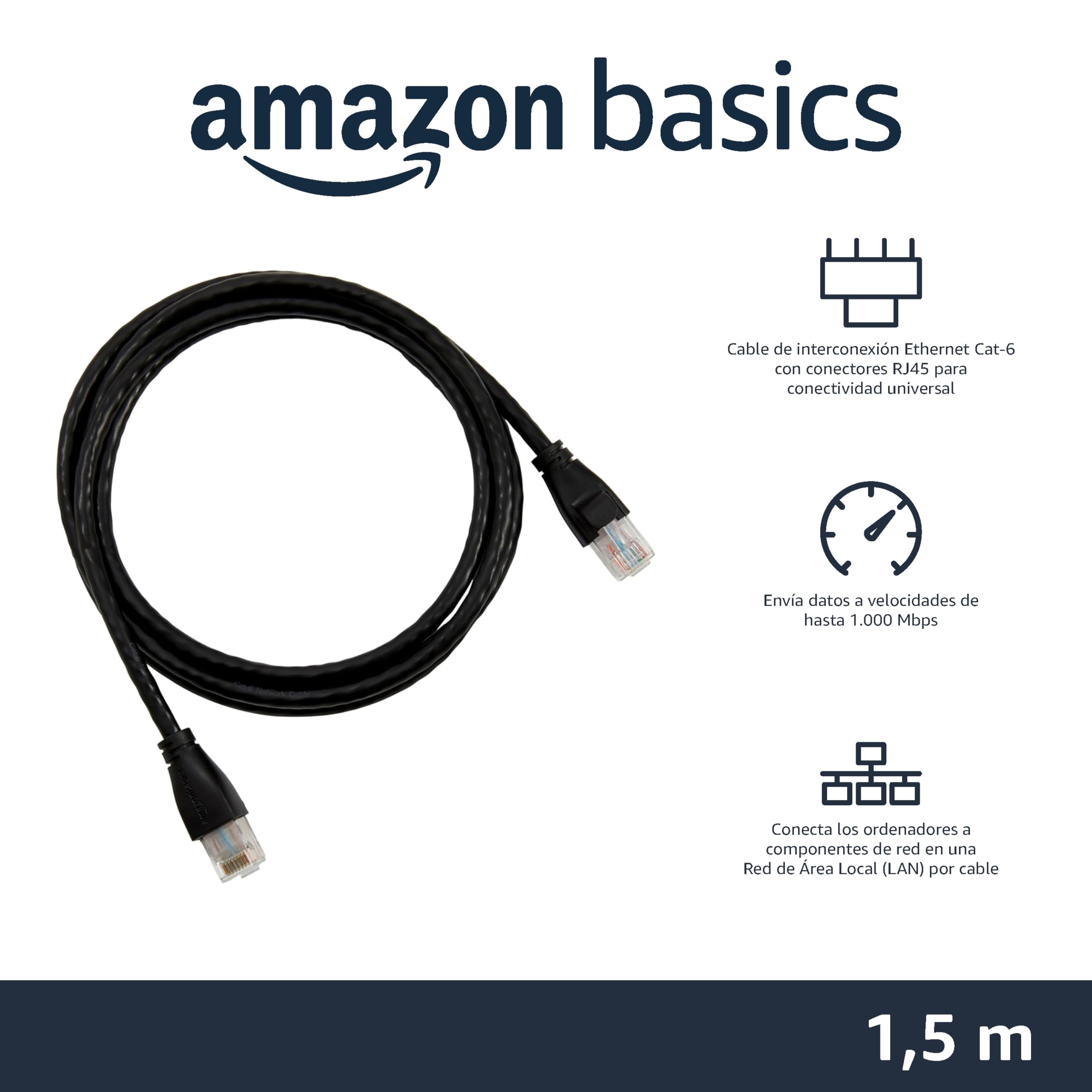 Amazon Basics Cable de Red Ethernet con Conectores RJ45 (Cat. 6, 1000 Mbit/s) para Ordenador Personal, 1.5m (Paquete de 1), Negro