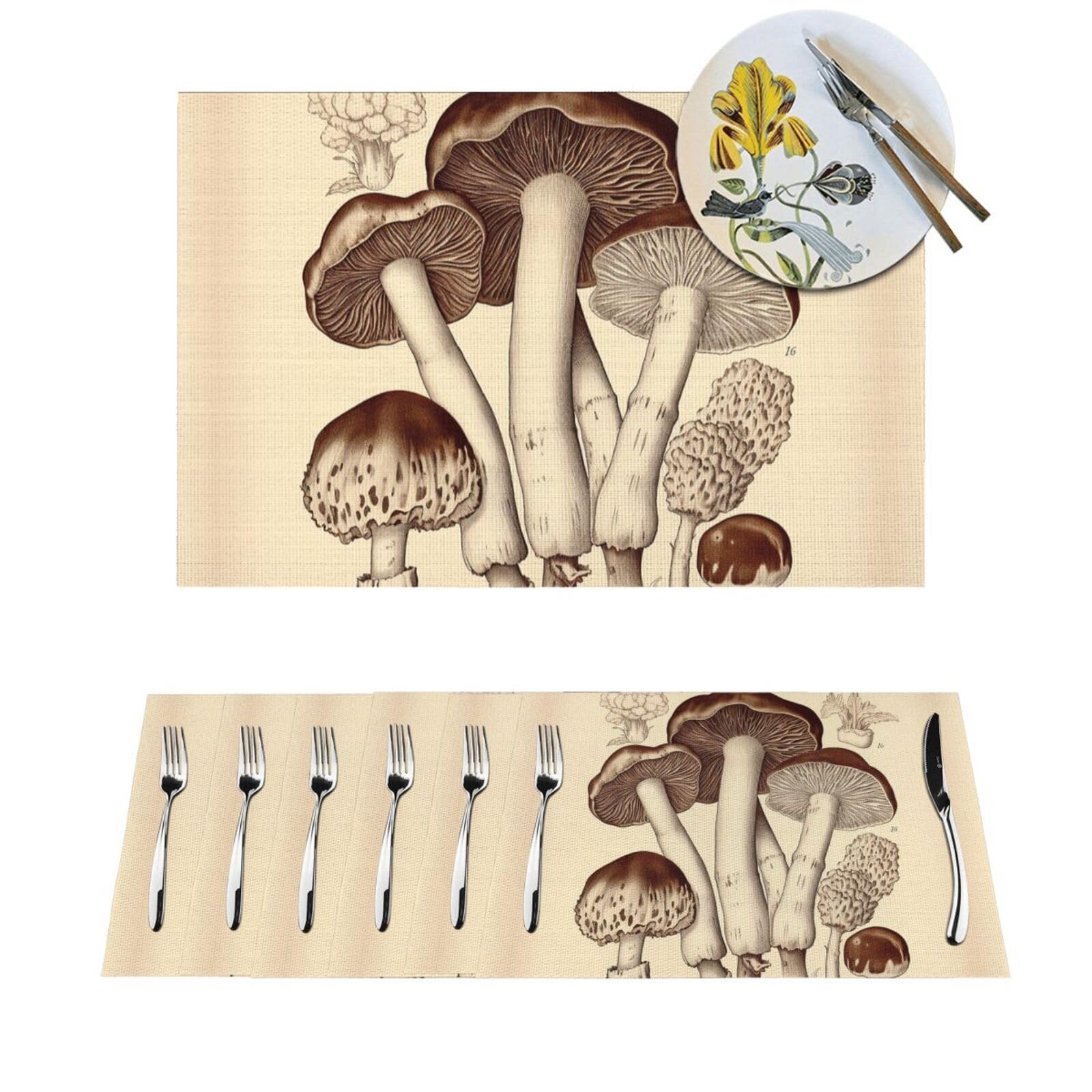 Sets de table tissés lavables antidérapants : tapis de table champignons vintage x6