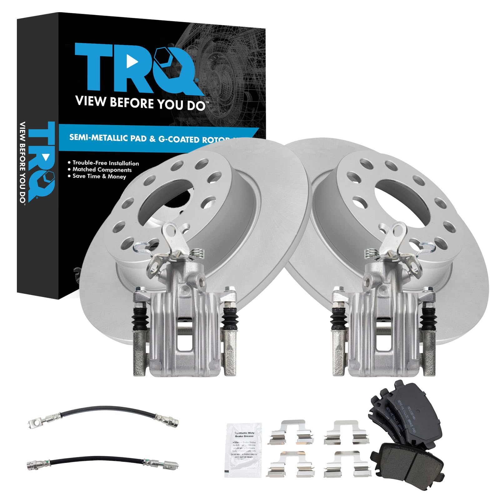TRQ Rear Brake Pad and Rotor Set Semi Metallic Coated Rotors Calipers Compatible with 2010 Audi A3 A3 Quattro Volkswagen Golf Jetta 2011 GTI