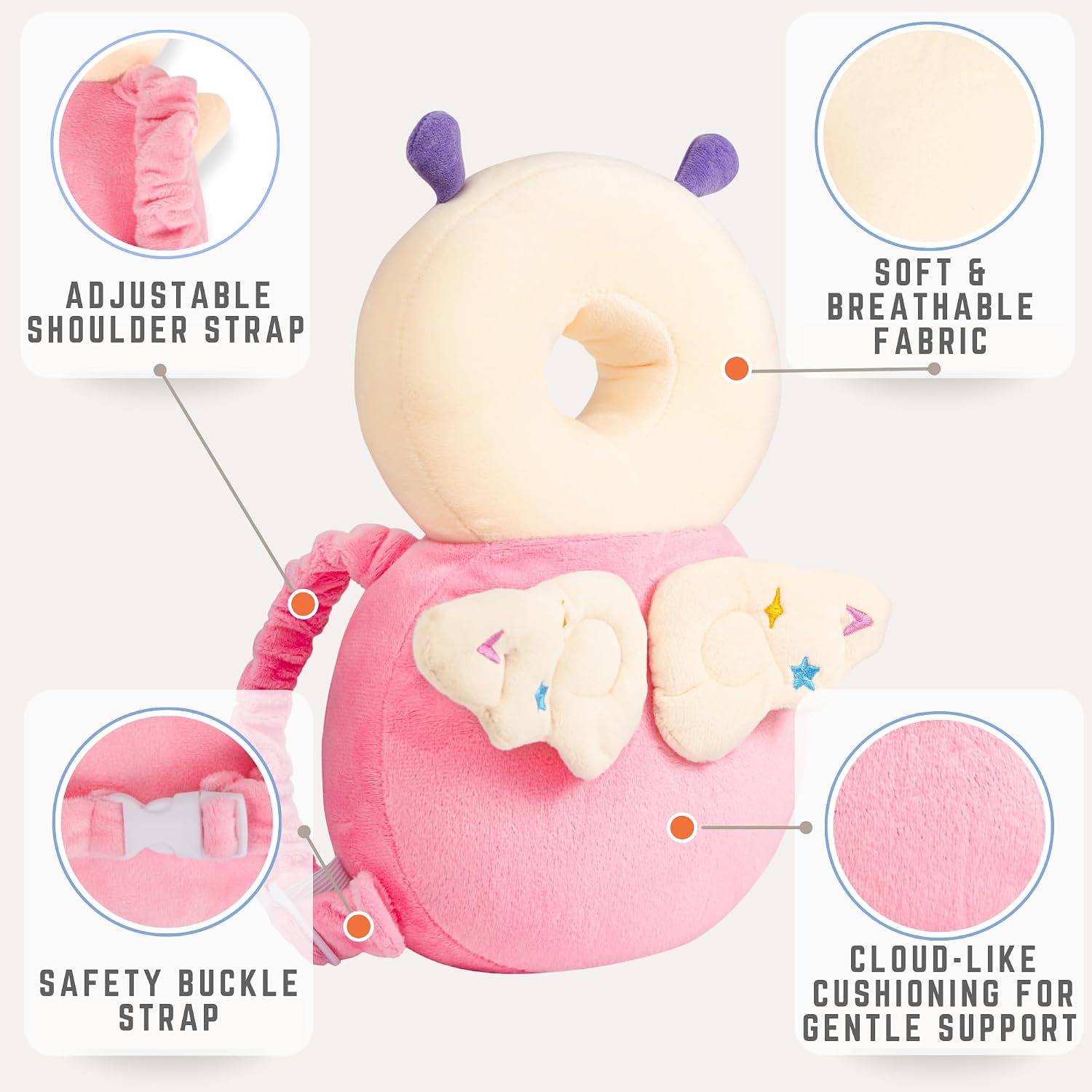 Baby Head Protector Backpack (9 to 24 Months) - Cute Head Guard Pillow with Knee Pads and Socks, Baby Shower Gift, Baby Safety Set, Toddler Head Cushion Backpack, Baby Gift, Blush Pink Angel
