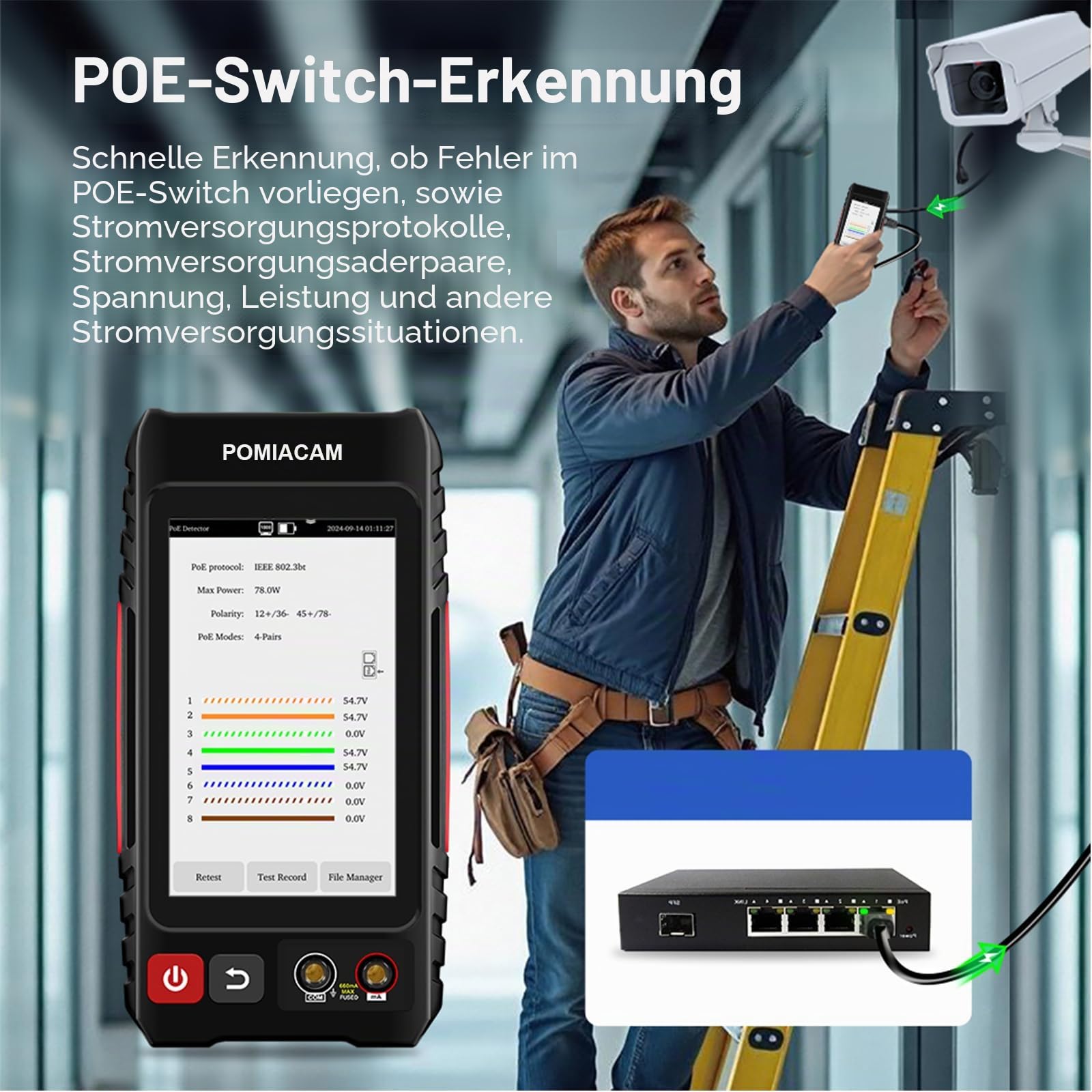Netzwerkkabeltester, UTP-Kabeltester, Ethernet-Kabel-Tracker, 4-Zoll-IPS-Touchscreen, VFL OPM DMM TDR, Pegelmesser, PoE++-Erkennung, RJ45 TDR, Kabellängenmessung, Netzwerktools LT-600T