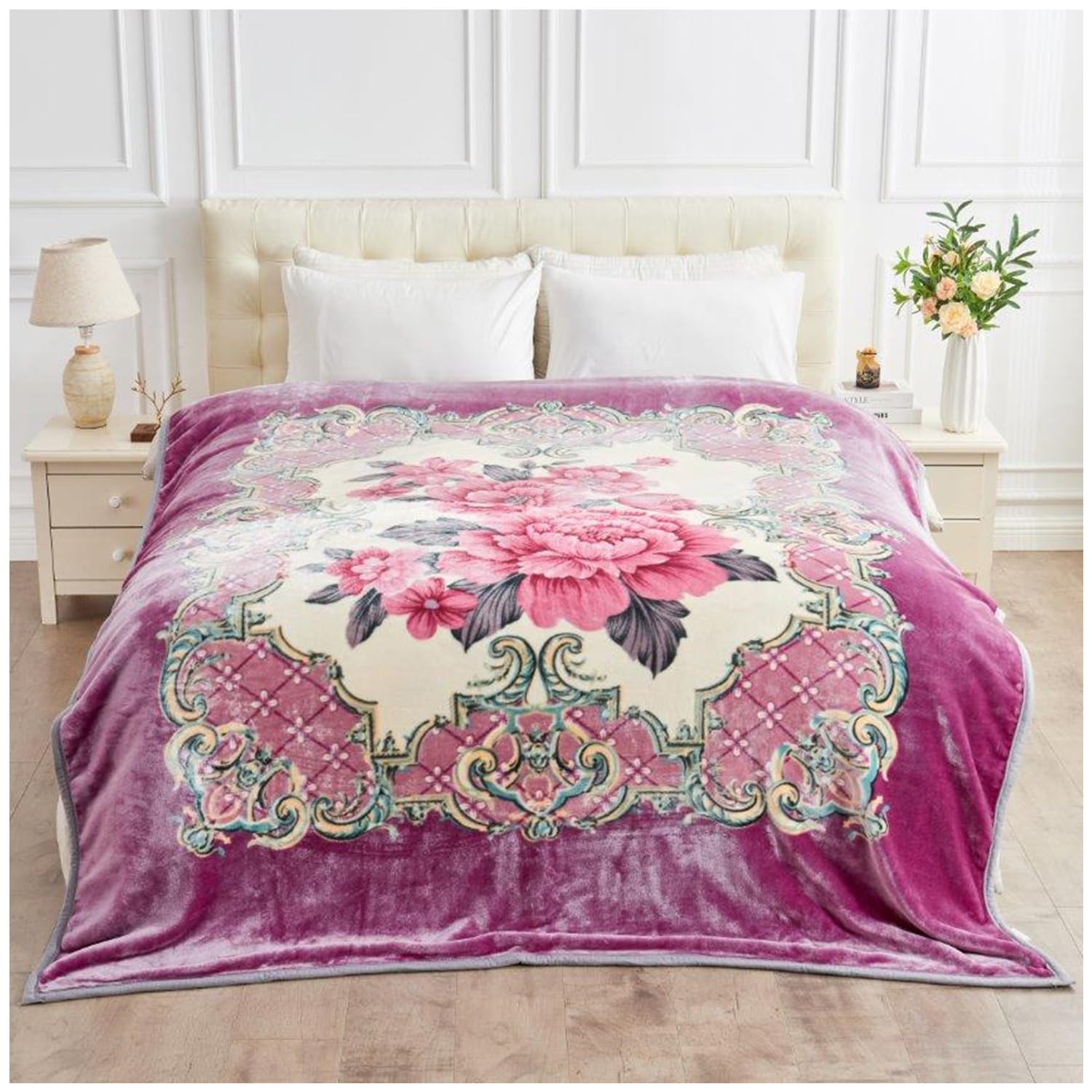 Floral Heavy Weight Blankets For Sleep (200X240 cm) - 2 Ply Reversible Blanket Throw Sherpa Fleece Bed Throw 5kg - Soft, Cozy, Thermal, Fluffy Polyester Blanket For Adult - Large King Size Blankets