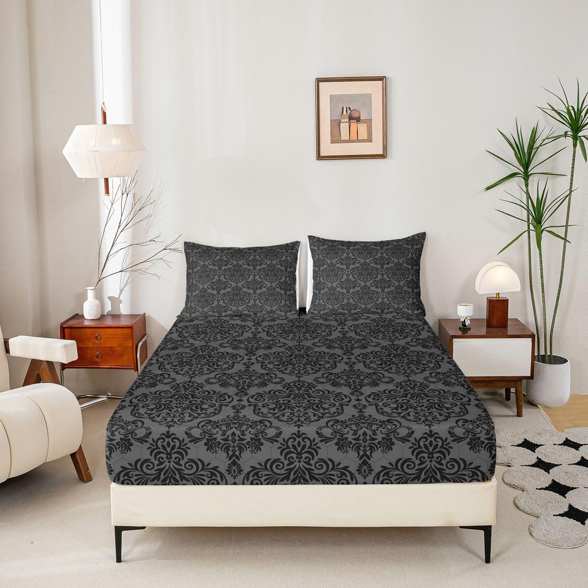 Homemissing Drap-housse style Empire damassé noir pour enfants, garçons et filles - Motif floral gothique - Décoration de chambre à coucher - Drap-housse de luxe en jacquard royal avec 2 taies