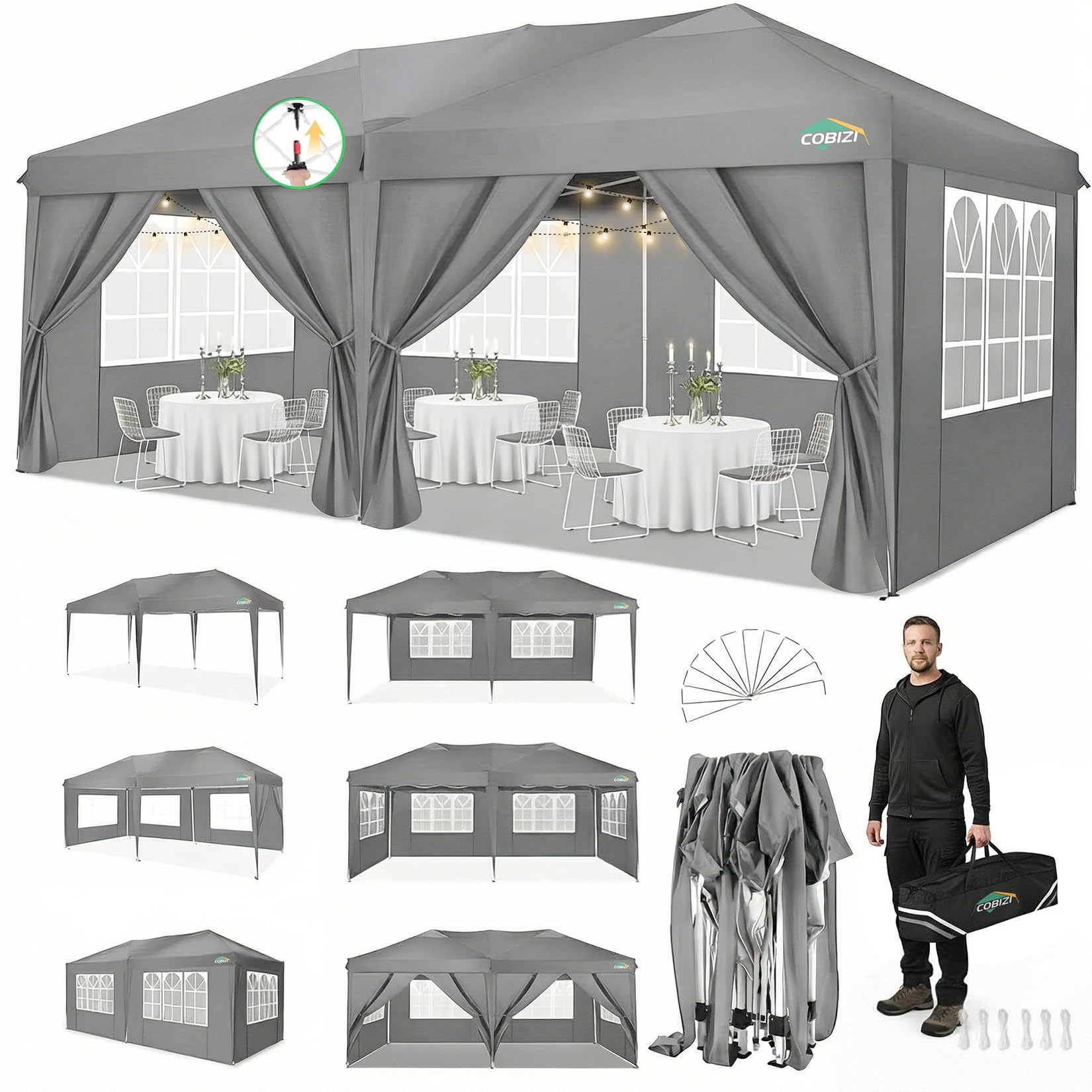 COBIZI Faltpavillon 3x6m Pavillon Wasserdicht Stabil Partyzelt Faltbar | 3 Höhen, Tente de réception d’extérieur avec 6 parois latérales anti-UV pour mariage, extérieur, jardin, fête et marché