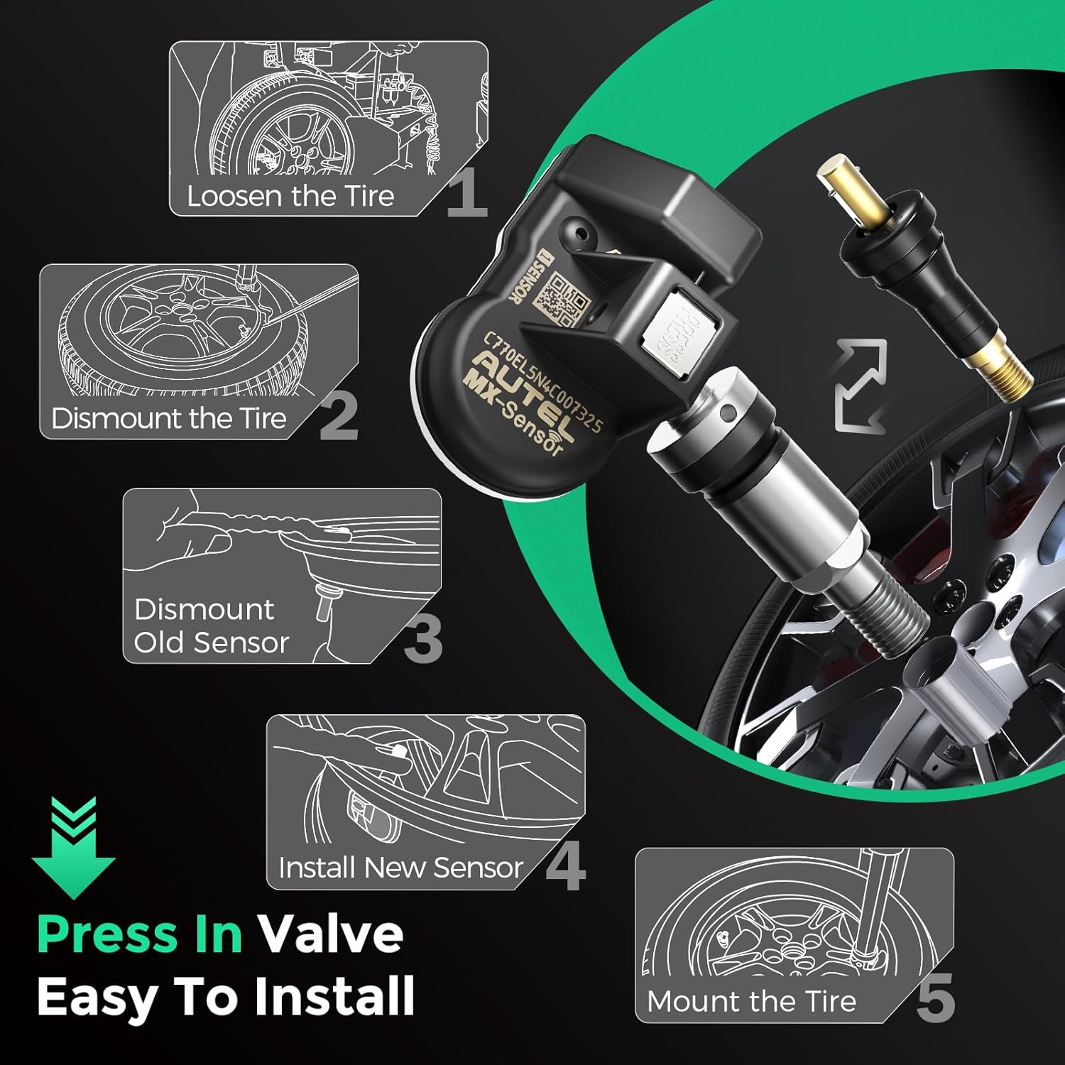 Autel TPMS Sensors 2in1, MX-Sensor 315Mhz/433Mhz Tire Pressure Sensors Metal Stem Universal Sensor Programmable by Autel TPMS Tool TS408S TS501 PRO TS508WF MP900-TS MS906PRO-TS