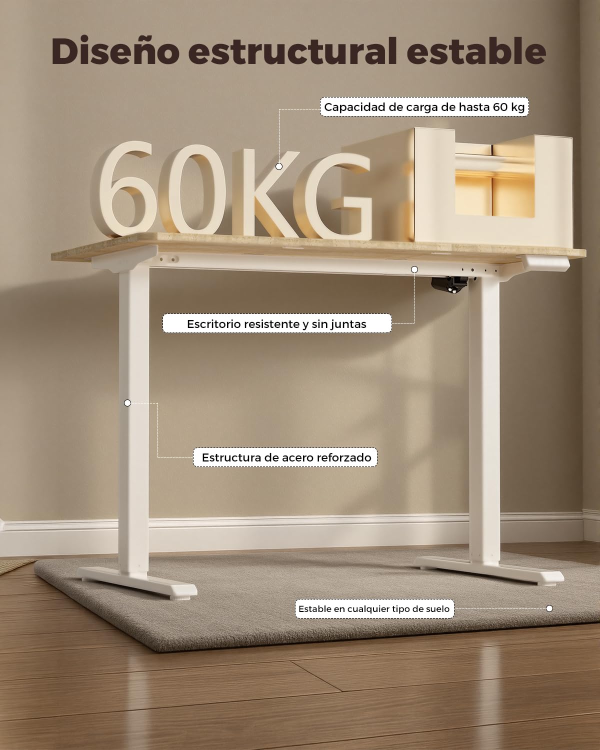 Escritorio Elevable Eléctrico, Mesa de Trabajo Ajustable en Altura, Mesa de Oficina en Casa con Tablero Ensamblado, 100 x 60 cm, para Trabajo, Redacción, Juegos, Blanco