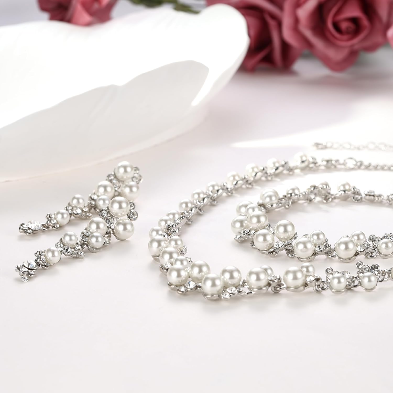 EVER FAITH Simulated Pearl Crystal Bridal Necklace Earrings Bracelet Set Clear