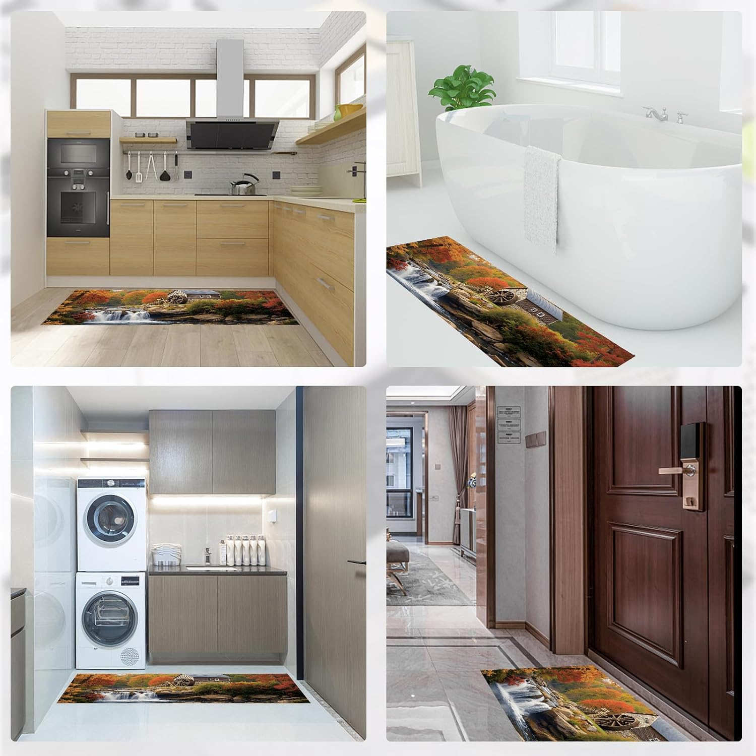 Kitchen Rug Set of 2 Waterwheel Hut Waterfall Non Slip Kitchen Floor Mat Rural Pastoral Style Standing Mats Long Carpet Runners for Home Office Orange Color 20"x32"+20"x71"