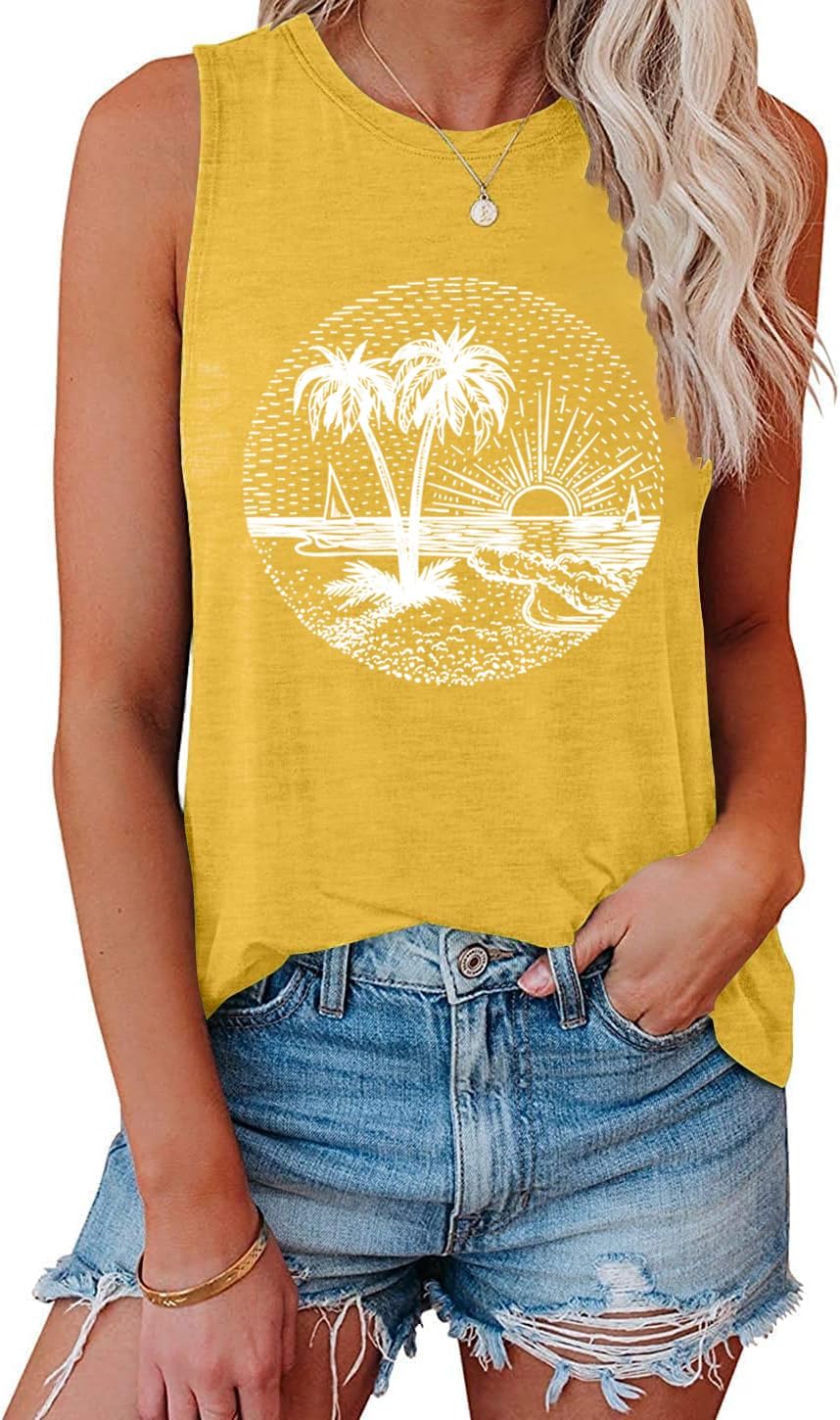 Summer Beach Tank Tops for Women Funny Cute Sunshine Coconut Tree Graphic Tee Shirt Hawaiian Family Vacation Tops - Image 3
