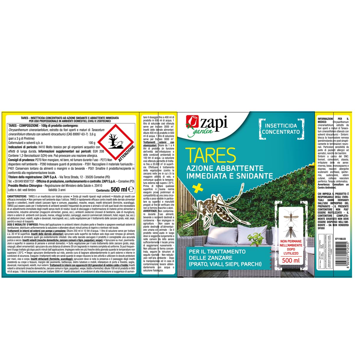Zapi Garden | Zanzare Piretro Concentrato - Insetticida per Zanzare, Insetticida Concentrato Contro Zanzare, Insetticida Anti Zanzare, Insetticida Esterno Giardino, 500ml