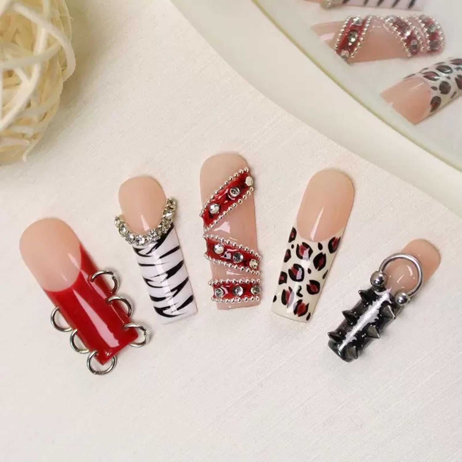 100% 5D Handmade Press on Nails with Charms Long Square Nail Press ons- Red French Tips False Nails Rhinestone Brown Leopard Fall Press on Nails for Women Girls Daily Wear DIY Manicure Size S