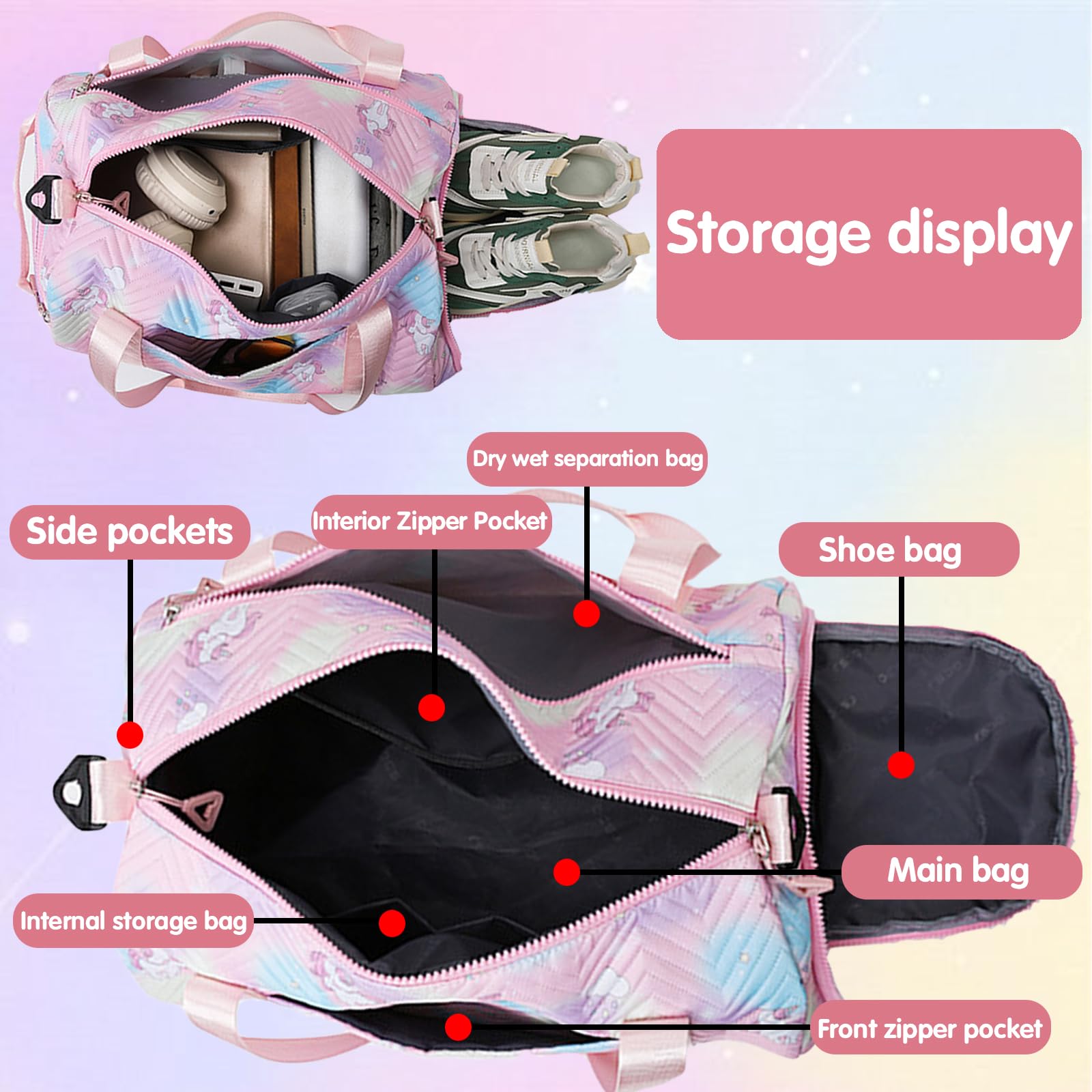 25L Borsa Palestra Unicorno, Borsa da Viaggio Bambina, Impermeabile Borsa Piscina Sportiva, Borsone Viaggio, Travel Weekender Gym Bag Con Scomparto per Donna Scarpe e Strato Umido (Rosa)