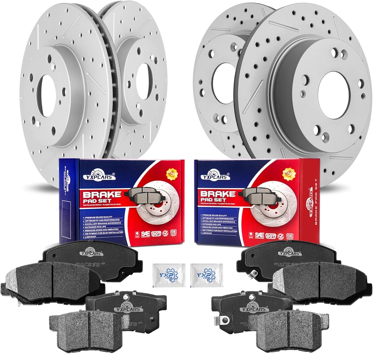 Front & Rear Drilled Slotted Rotors and Ceramic Disc Brake Pads Kit 2.4L for Honda Accord 2005 2006 2007 With Gas, Accord 2003-2004 (4-Wheel Disc Brakes)