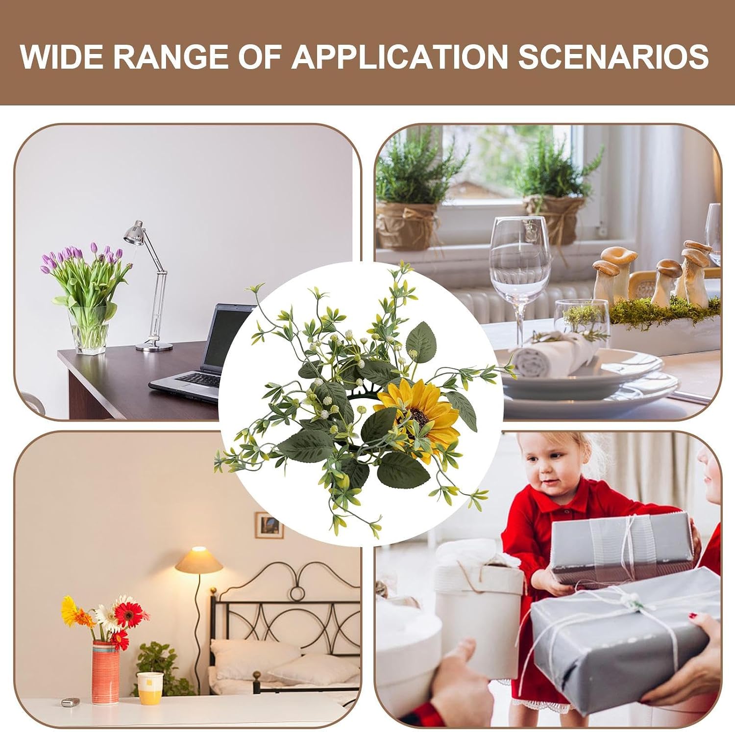 Pillar Candle Wreath Ring - Decorative Candle Stand Floral Hoop | Faux Plant Vine Material with Soft Petals Detail, Round Base Surrounding Holder for Home Event Styling 9.84 in