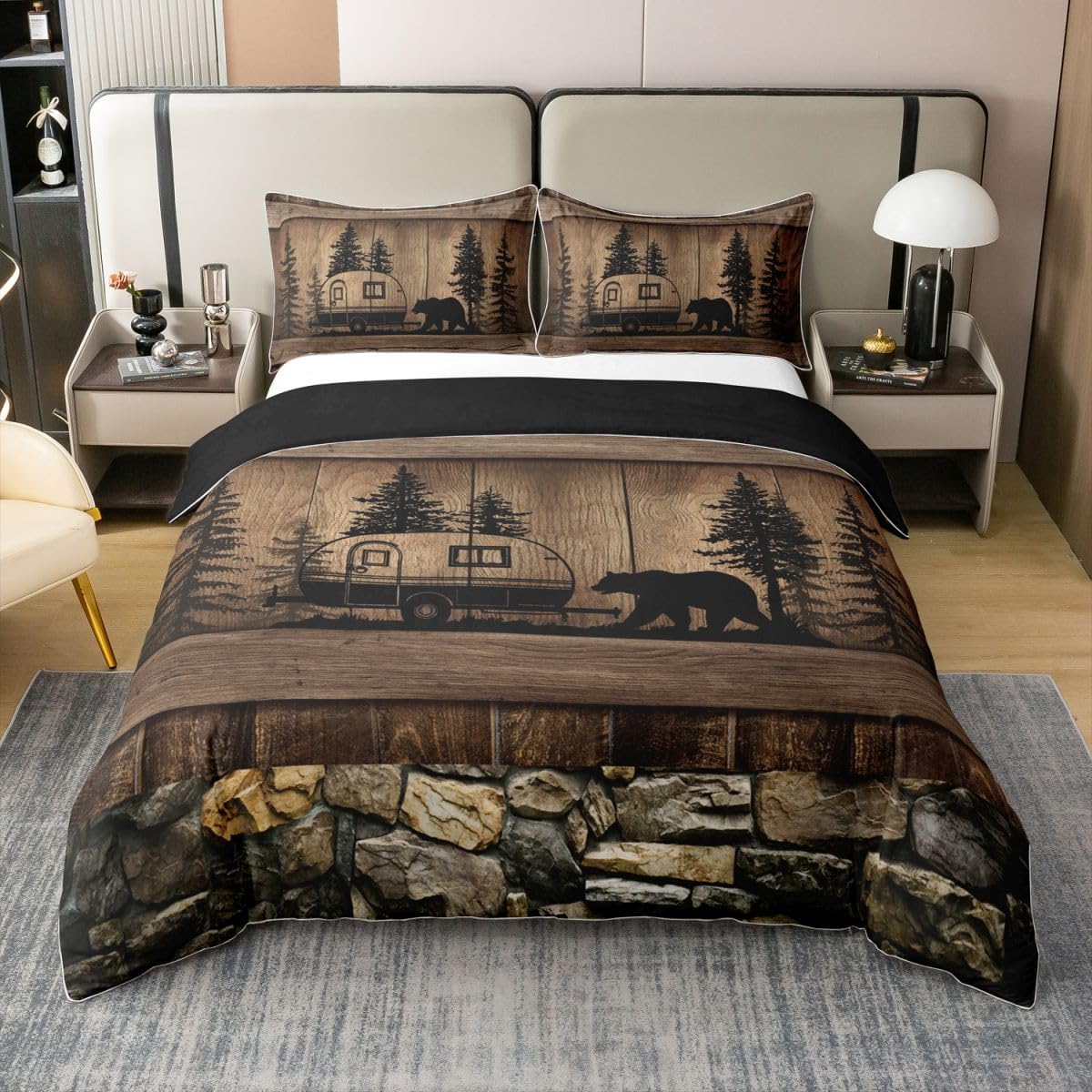 Erosebridal Rustic Camping Bear Queen 100% Cotton Duvet Cover for Kids Teen