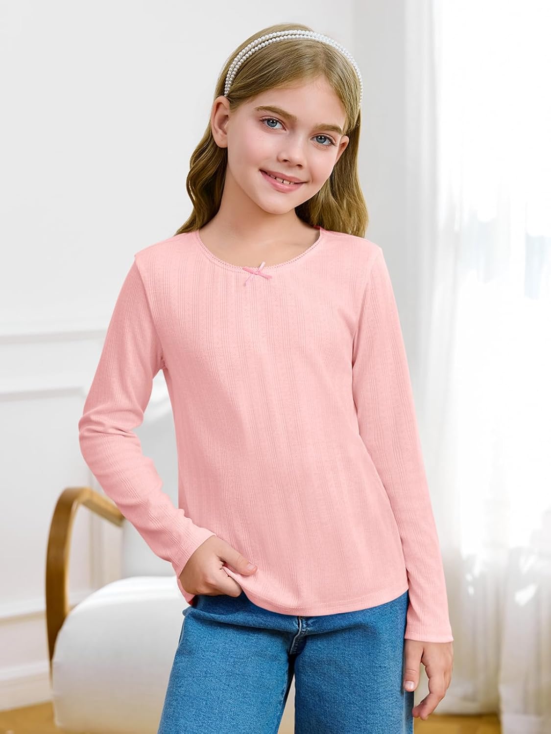 Haloumoning Girls Long Sleeve Shirts Kids Crewneck Tops Cute Mesh Blouse Tee 5-14 Years - Image 2
