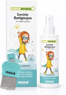 NOSA ATTACK Loción Capilar Antipiojos Infantil Sin Olor con Dimeticona 5% Para Piojos y Liendres Desde 6 Meses Incluye Peine Lendrera 100 ml Uso Familiar Cabello Suave Fácil de Peinar en Casa Diario