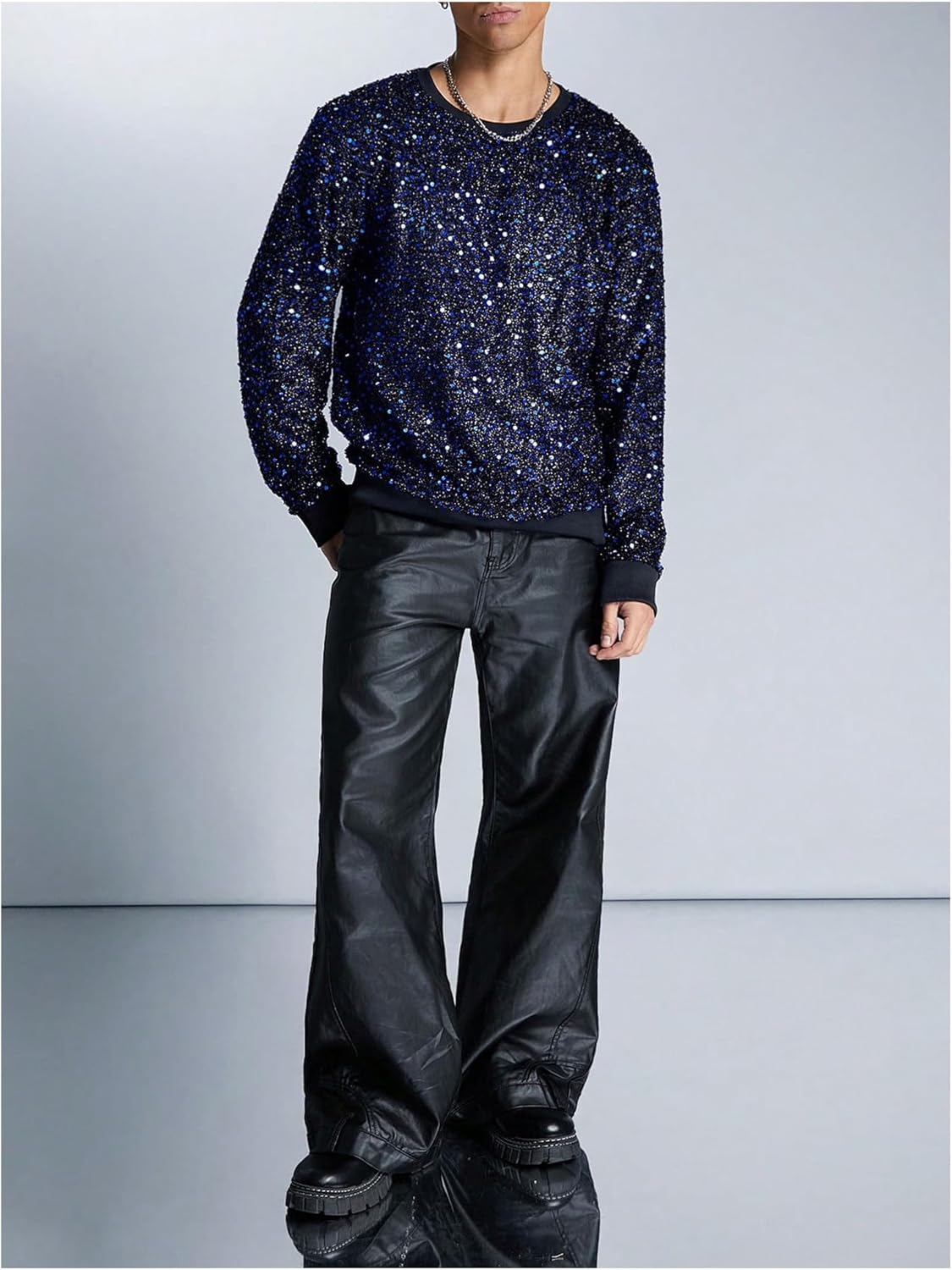 WDIRARA Men's Glitter Sequin Round Neck Sweatshirt Long Sleeve Solid Pullover Top