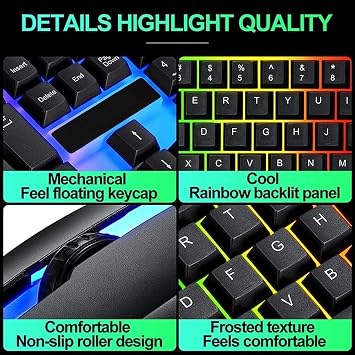 USB Wired Gaming Keyboard and Mouse Set Rainbow LED Illustrated Keys Gaming and Office Keyboard Mouse for Desktop PC Laptop PS4 Xbox One Black