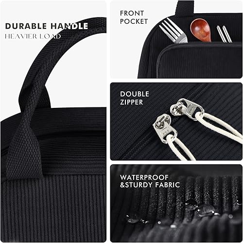 Miniatura 6 de HOMESPON Bolsa de almuerzo para mujeres, hombres y adultos con bolsillo frontal, bonita bolsa de almuerzo aislada de pana de gran capacidad,