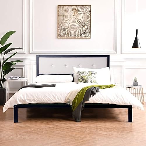 Miniatura 10 de LUCKYERMORE Base de cama de plataforma Queen de 12 pulgadas con cabecera beige, marco de cama de metal resistente con almacenamiento debajo de la