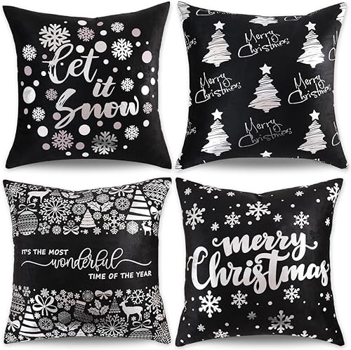 JOJOGOGO Juego de 4 fundas de almohada navideñas negras y plateadas de 16 x 16 pulgadas, decoración navideña plateada y negra, copos de nieve,