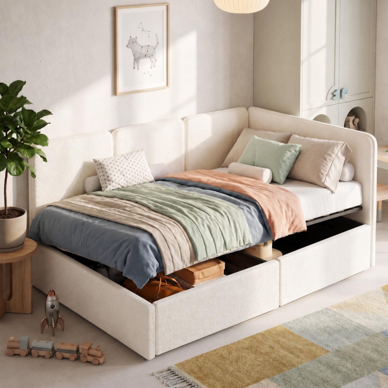 Mrwoo 3ft Single Daybed with Hydraulic Lift Storage, Boucle Ottoman Bed for Bedroom, Living Room, Reversible Chaise Design, Beige, 90x190cm, (No Mattress)