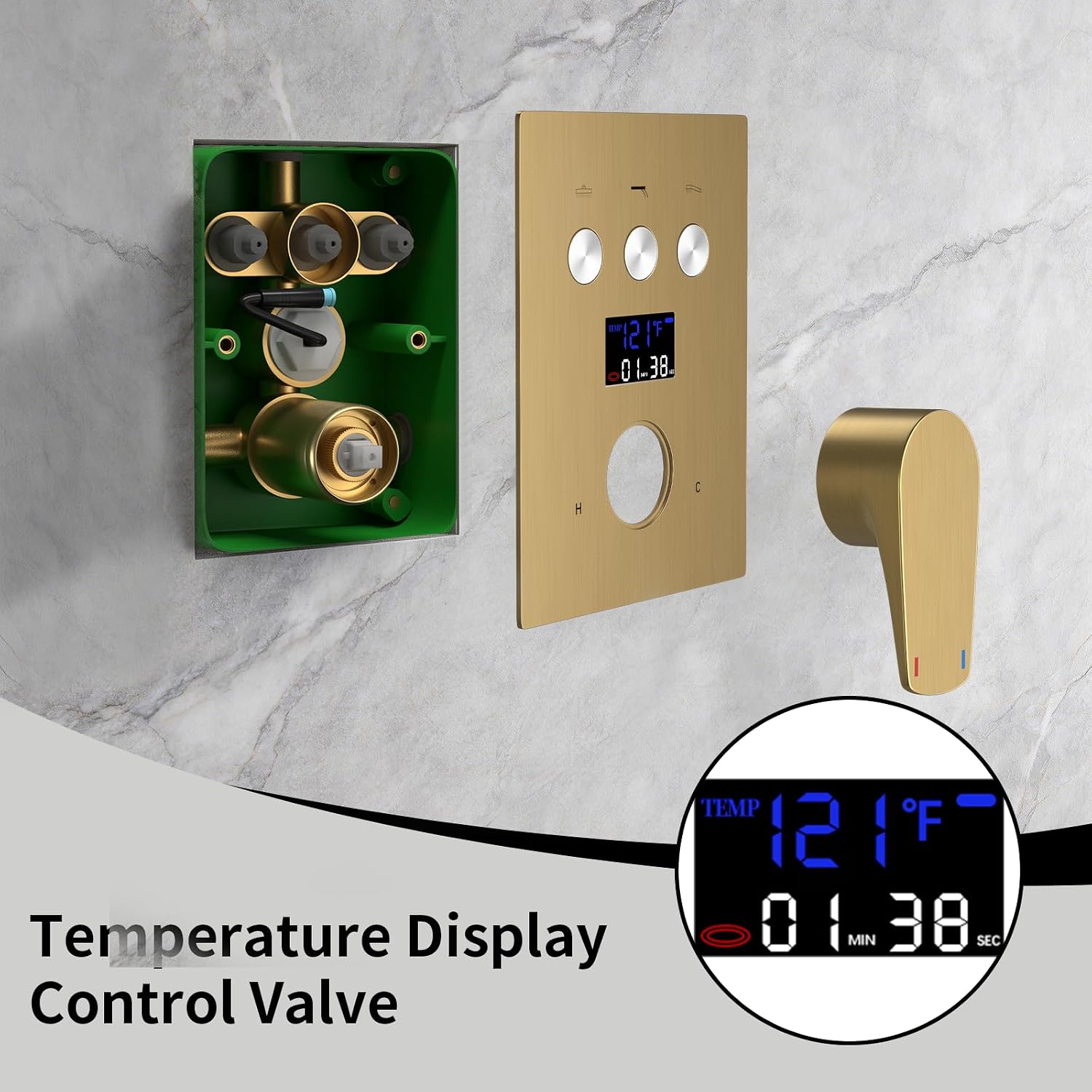 AYIVG Dual 3 Way Diverter Valve Digital Display 6 Functions 3 Rainfall Shower System Ceiling Mount 14X20 Wall 8+8 Inch And Handheld Shower Head With 6 Body Jets Shower Faucet Set (Brushed Gold) image 3
