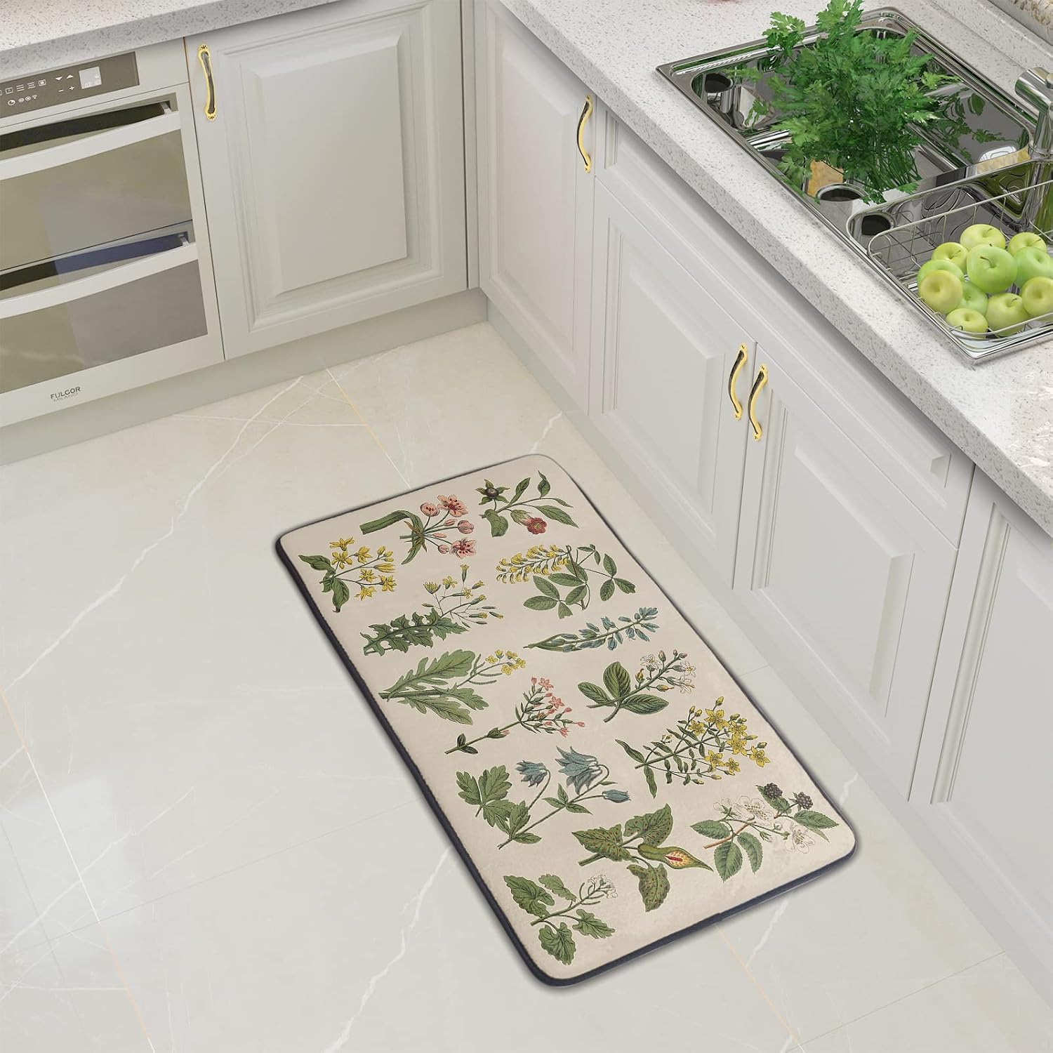 Kawani Floral Herbs Kitchen Rugs Floor Mat Anti Fatigue Washable Sage Leaves Door Mats for Home & Kitchen & Office Wild Plant Decor Memory Foam Mat Non-Skid 39x20inch…