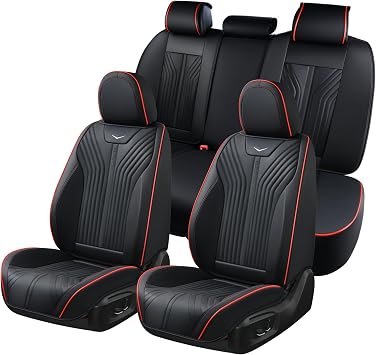 FLORICH Seat Cover for Car Front and Back Seats Leather Automotive Seat Covers Car Seat Covers SUV Custom Waterproof Car Seat Protector Cushion Universal Fit for Most Cars Trucks SUV, Black&Red Line