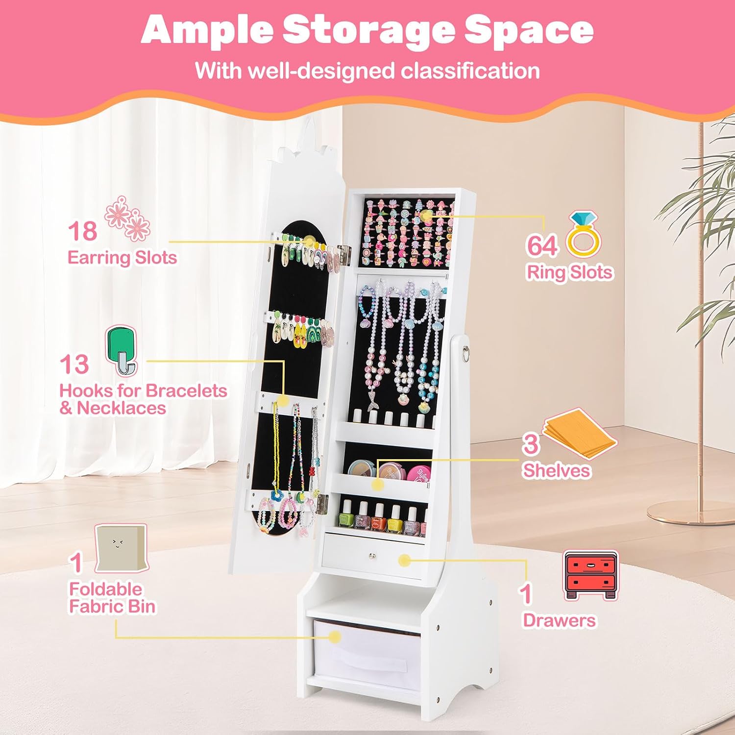 HONEY JOY Kids Jewelry Armoire Cabinet, Horse Themed 45.5" Wooden Standing Jewelry Organizer w/Full-length Mirror & Storage Box, Children Dress Up Vanity Jewelry Cabinet for Girls (White)