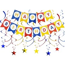 BEISHIDA Red Blue Gold HAPPY BIRTHDAY Banner with 12pcs Red Blue Gold Stars Hanging Swirls Garland Party Decorations Sets for Birthday Party Supplies, Kids Girls Birthday Decorations
