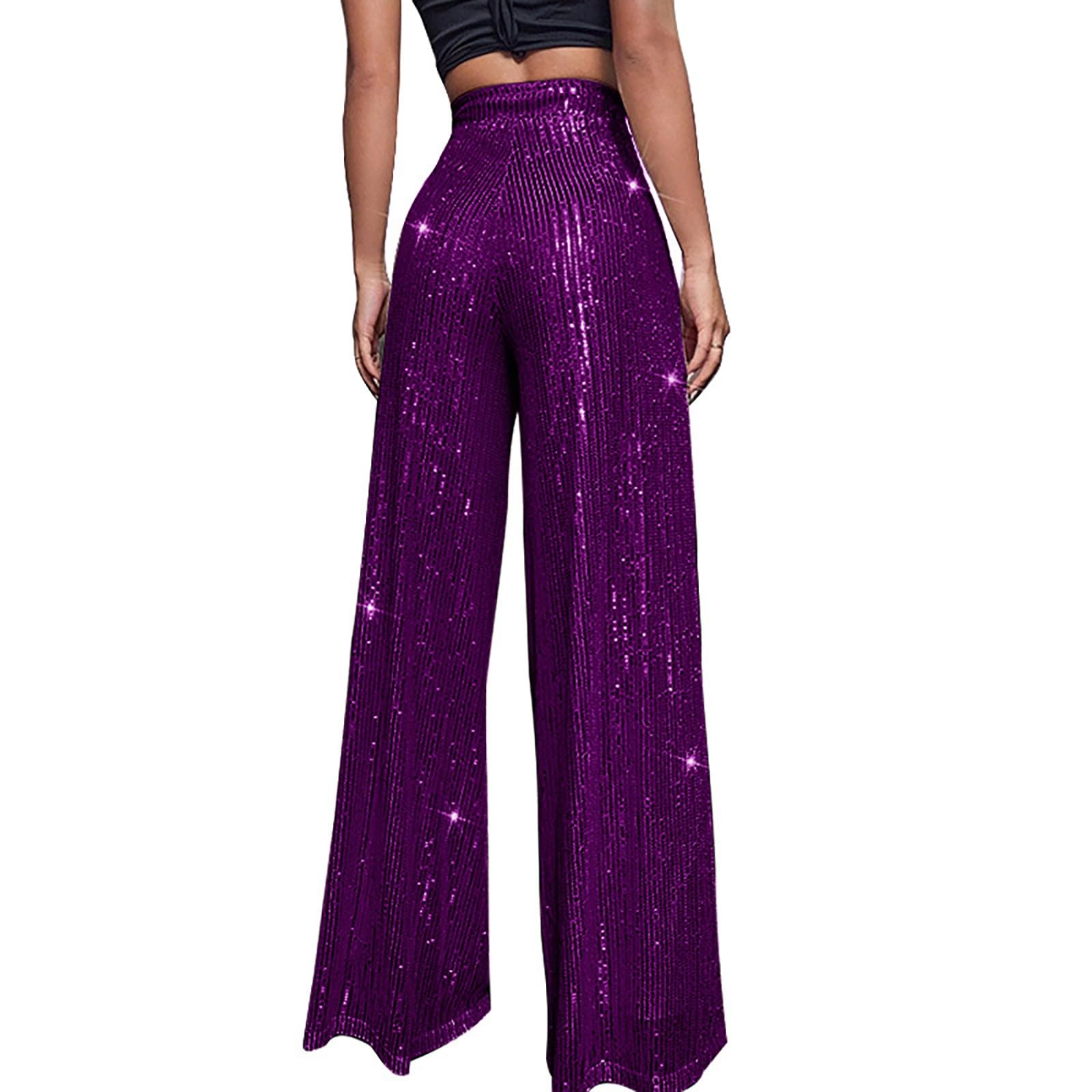 Pantaloni casual da donna con paillettes scintillanti, a vita alta, gamba dritta, gamba larga, pantaloni lunghi a palazzo con fondo a campana, comodi, a tema discoteca, abbigliamento vintage