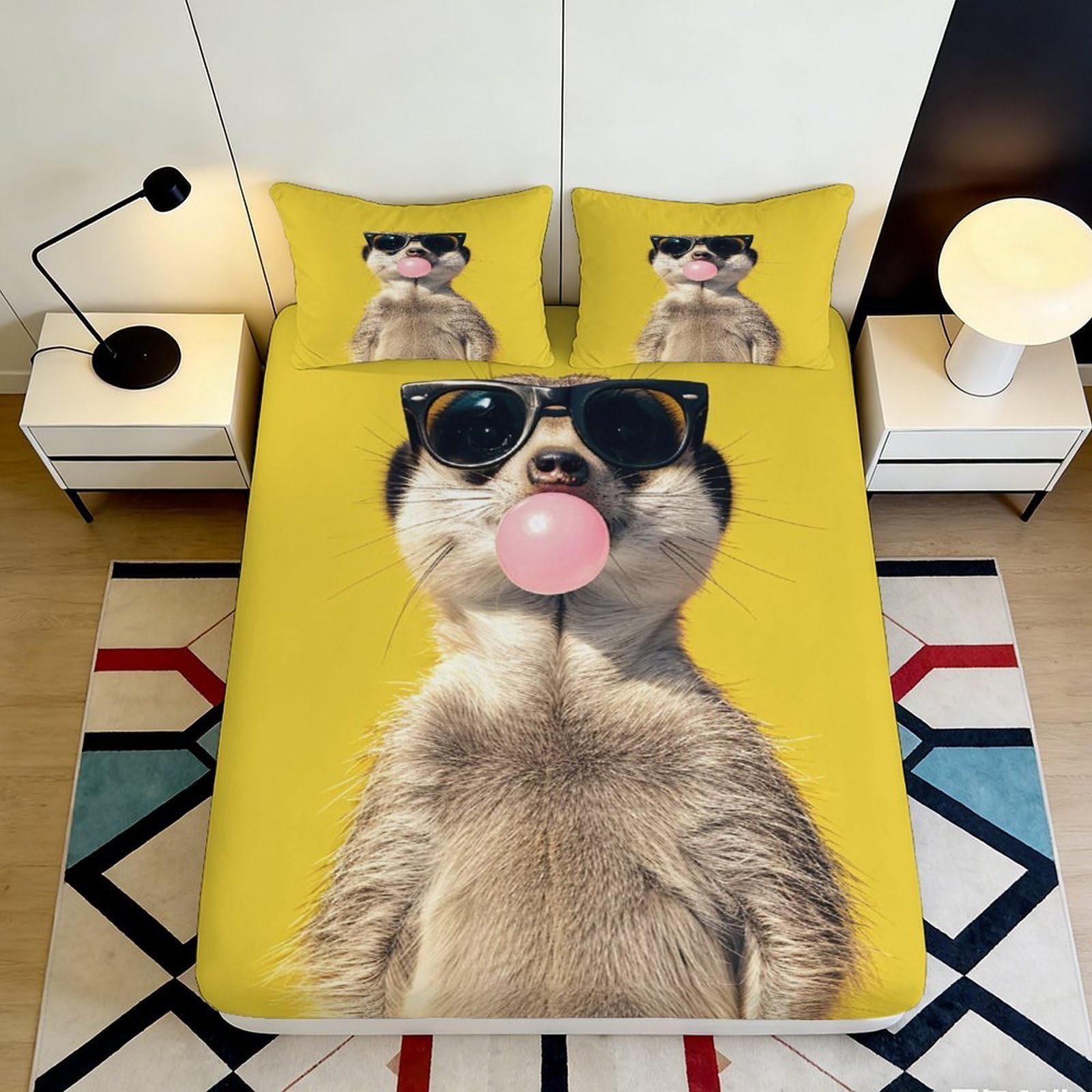 3D Printed Meerkat Sunglasses Fitted Sheet Microfiber Soft Yellow Bubblegum Bed Cover for Bedroom Dorm Decor 90x200x25cm