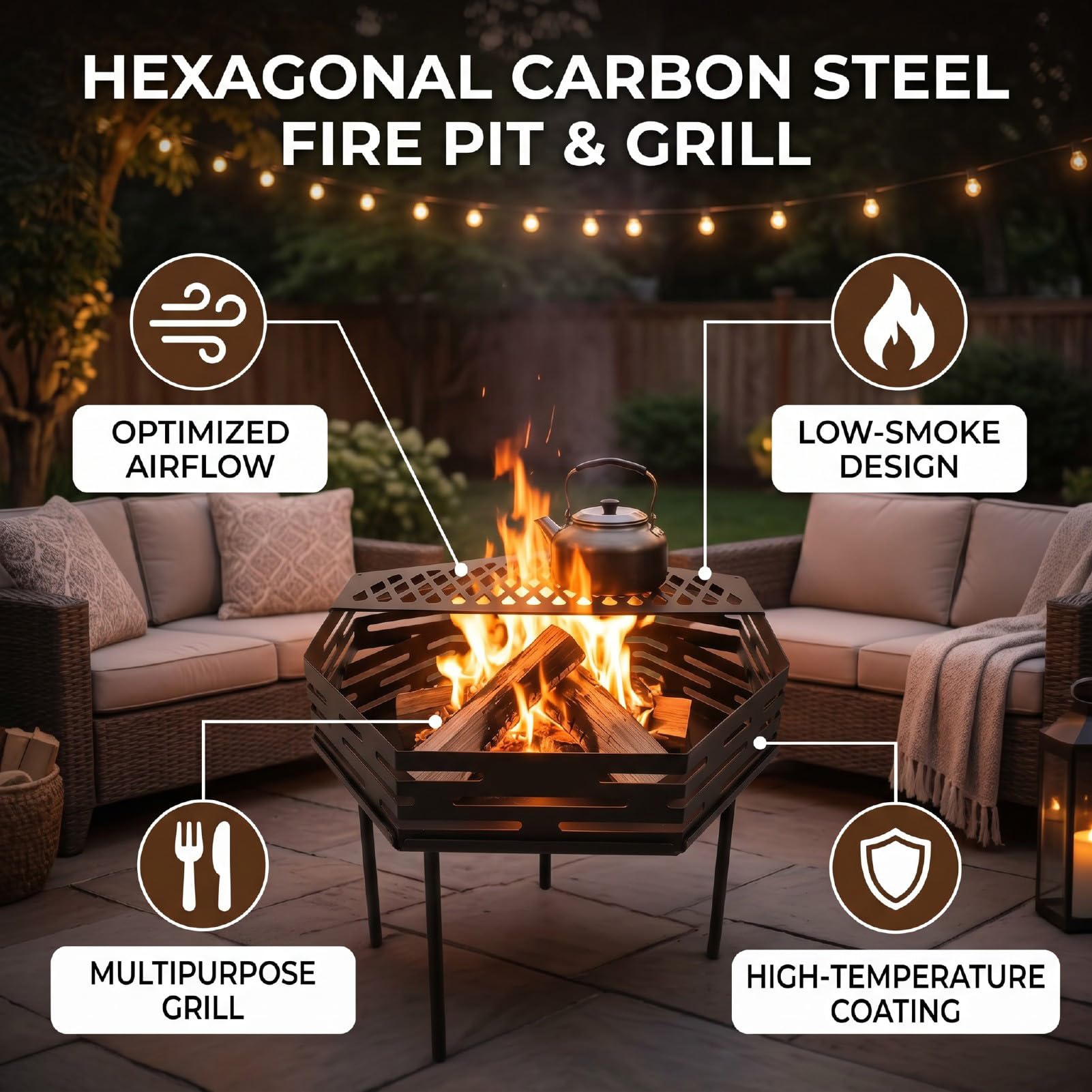 Braciere a Legna Esagonale per Esterni, Calore Efficiente, per Griglia da Campeggio, Picnic, Pascolo