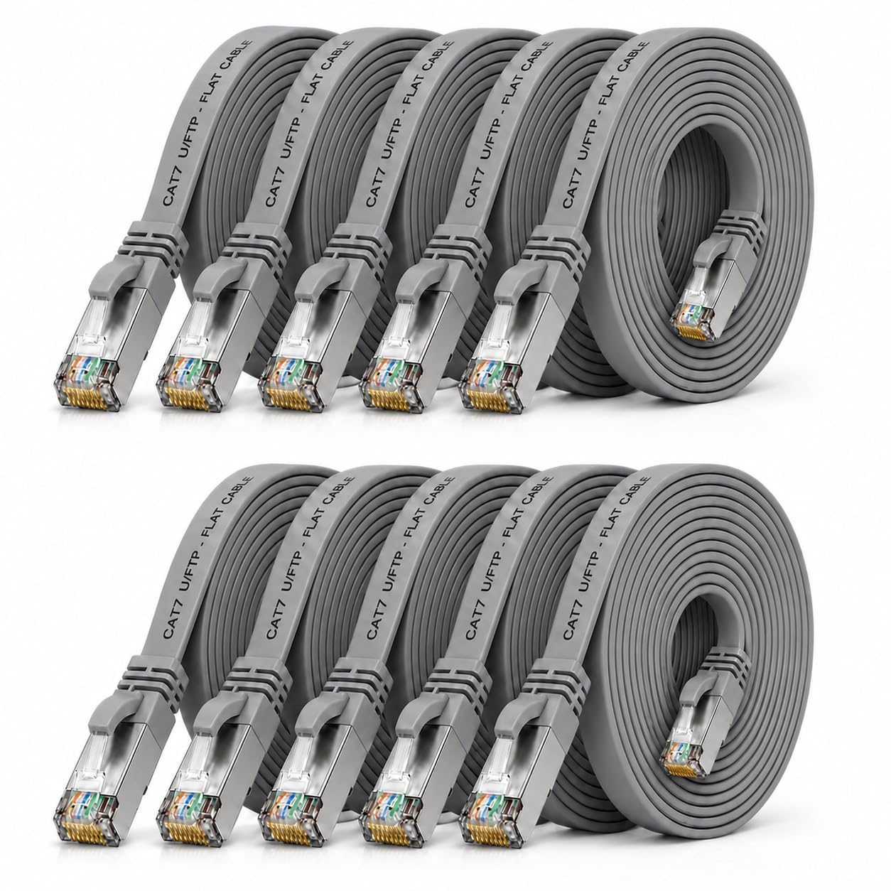 1aTTack.de 10m - szary - 10 sztuk Płaski kabel CAT.7 Gigabit Ethernet LAN (RJ45) surowy kabel sieciowy (10 Gbit/s) cienki płaski kabel instalacyjny kompatybilny z Cat.5 - Cat.5e - Cat.6