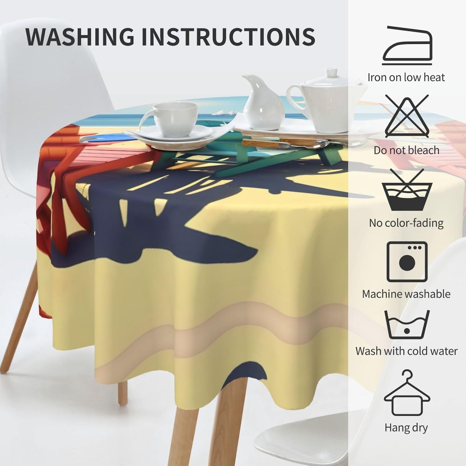 Beach Chairs and Scenery Print Wrinkle Free Dining Table Cover for Birthday Party Farmhouse Tablecloths Up to 60 x 60 Inches