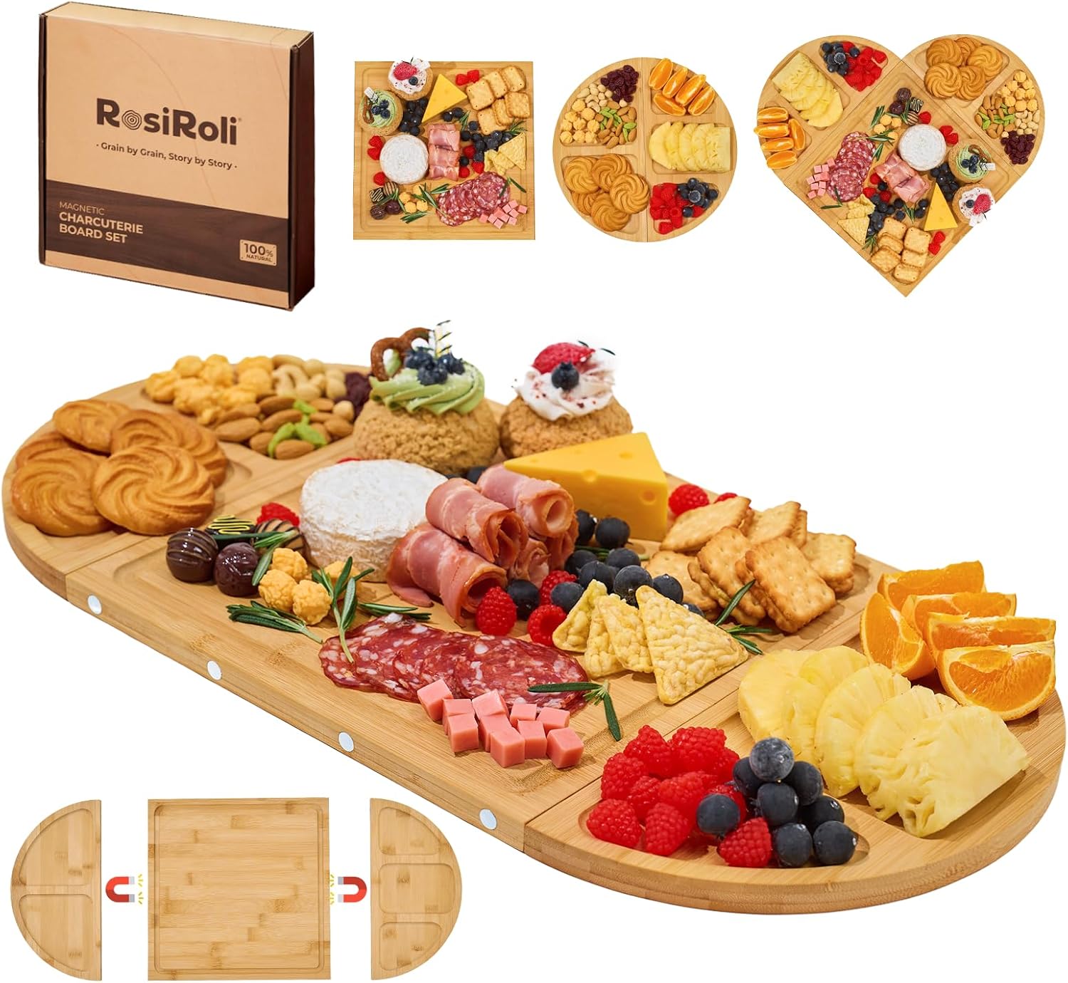 2Pack Charcuterie Board & Serving Set -Natural Bamboo Cheese Board with Magnetic Closure- Snack Tray Set, Perfert House Warming, Wedding & Couple Gift, Gifts for Mom & Women