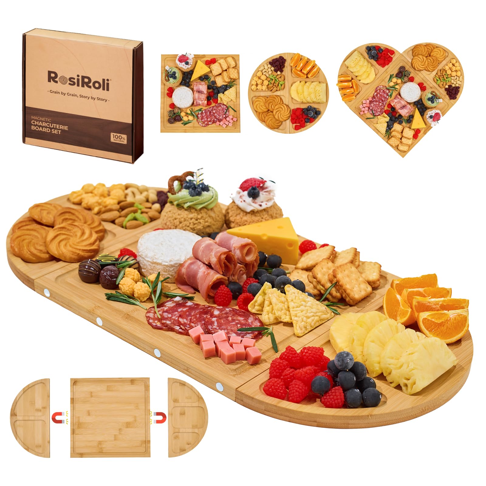 Magnetic Bamboo Charcuterie Board Set, 3-Piece Serving Tray