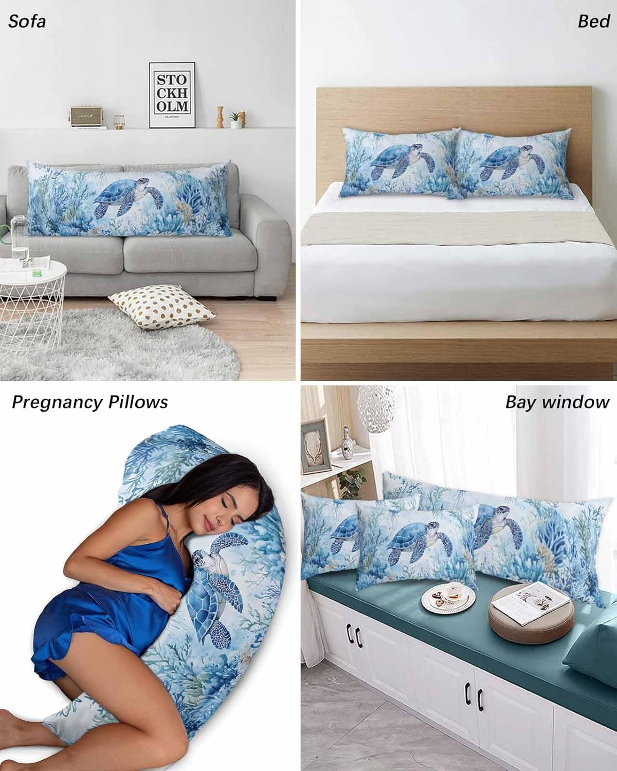 Sea Turtle Coastal Pillow Cases Standard Size Set of 2, Blue Beach Decorative Bed Pillow Covers Protector, Nautical Coral Microfiber Throw Lumbar Pillowcase with Envelope Closure 20"x26"