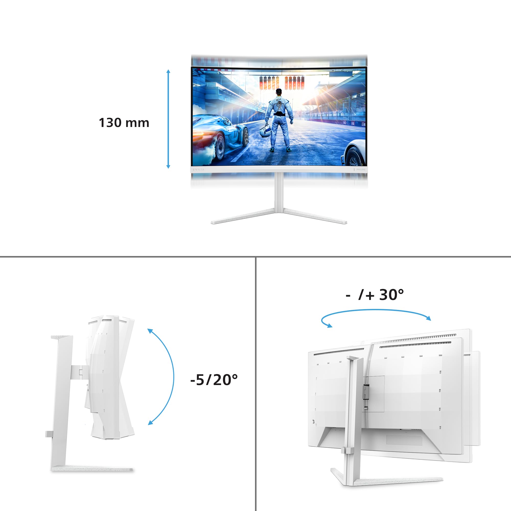Philips Gaming Monitor 27M2C5501 27 pollici, Curvo, 2560x1440, WQHD, 180Hz, Fast VA Panel, 0.5ms MPRT, , (HDMI2x 2.0 DP 1x 1.4) Adaptive Sync, HDR10, FreeSync Premium, Bianco